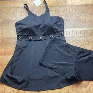 A Shore Fit Tankini Swimsuit Solid Black 20W 2X New High Neck Grommet Trim